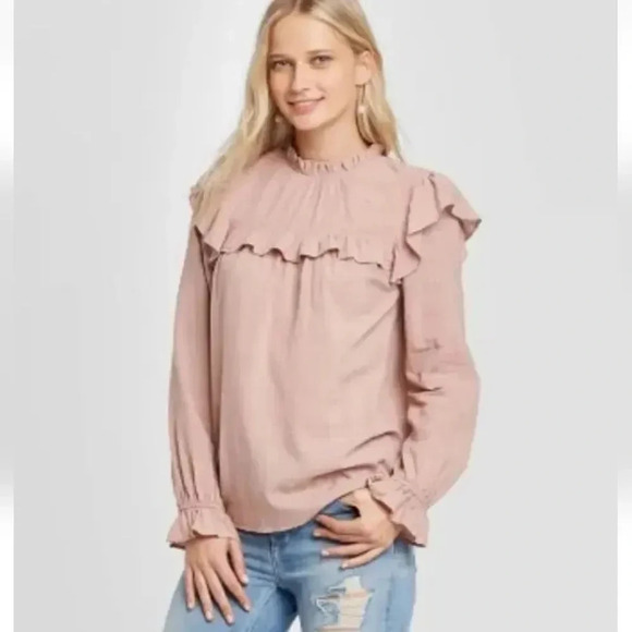 Universal Thread Tops - Universal Thread Pink Mauve Women's Ruffle Long Sleeve Blouse‎